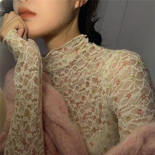 Long-sleeve Mock-neck Lace Top Beige - One Size