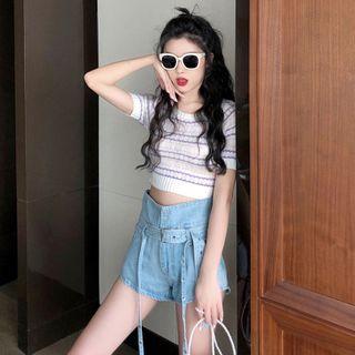 Striped Short-sleeve Knit Top / Denim Shorts