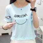 Short-sleeve Fringe Trim Letter T-shirt