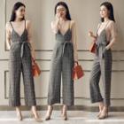 Set : Plain Long-sleeve Top + Plaid Spaghetti Strap Dungaree