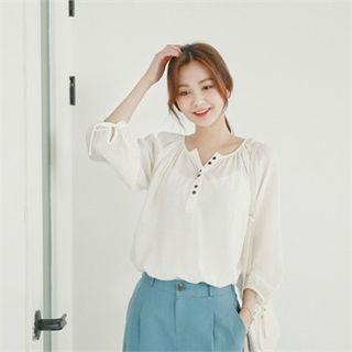 Half-placket Balloon-sleeve Top