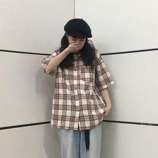 Short-sleeve Front-pocket Plaid Shirt Khaki - One Size