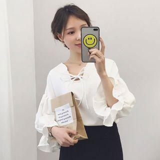 Lace Up Bell-sleeve Chiffon Top