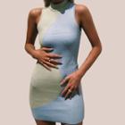 Sleeveless Mock-neck Two-tone Knit Mini Bodycon Dress