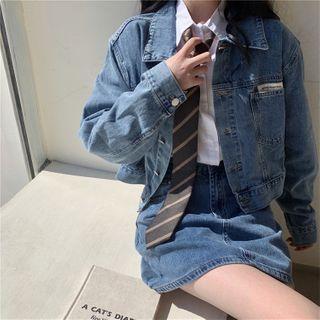 Long-sleeve Shirt / Striped Tie / Denim Jacket / Mini A-line Skirt / Set