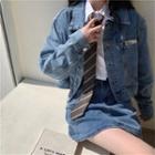 Long-sleeve Shirt / Striped Tie / Denim Jacket / Mini A-line Skirt / Set