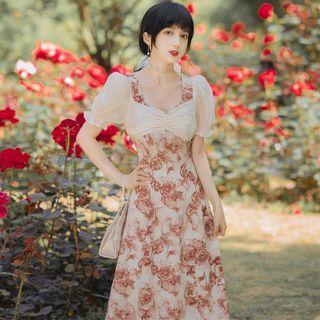 Puff-sleeve / Spaghetti Strap Floral Print Midi A-line Dress