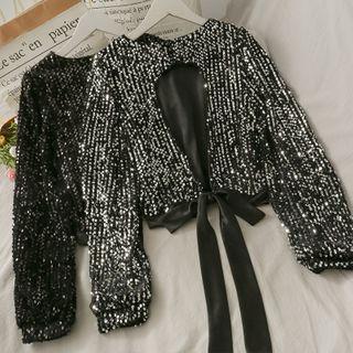 Sequined Open-back Ribbon Crop Top