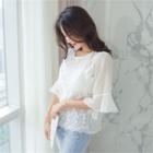 Elbow-sleeve Lace-panel Sheer Top