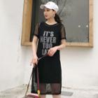 Set: Sleeveless Letter Mini T-shirt Dress / Short-sleeve Mesh Dress Black - One Size