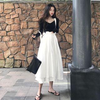 Open Back Long-sleeve Top / A-line Midi Jumper Skirt