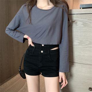 Plain Long-sleeve Cropped T-shirt Gray - One Size