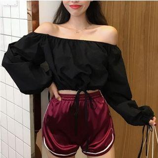 Off-shoulder Plain Blouse / Striped High-waist Shorts