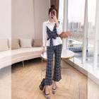 Set: Long-sleeve Plaid Paneled Shirt + Boot Cut Pants