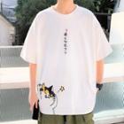 Elbow-sleeve Japanese Character Cat Print T-shirt