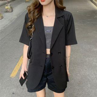 Elbow-sleeve Single Breasted Blazer Black - One Size