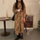 Long-sleeve Floral Midi A-line Dress Floral - Coffee - One Size