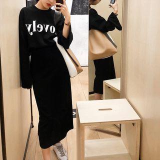 Set: Letter Long-sleeve Top + Midi Skirt