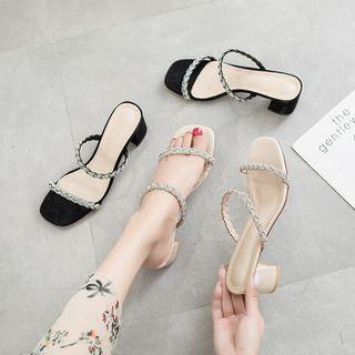Rhinestone Braided Strap Chunky Heel Slide Sandals