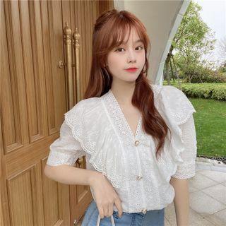 Puff-sleeve Collared Lace Panel Blouse