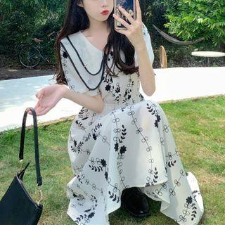 Puff-sleeve Collar Print Chiffon Midi A-line Dress