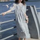 Set: Short-sleeve Ruffle Midi A-line Dress + Slipdress