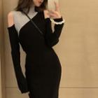Two-tone Cold-shoulder Midi Knit Dress