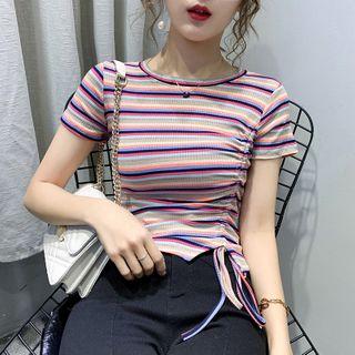 Drawstring Striped Short-sleeve Ribbed T-shirt