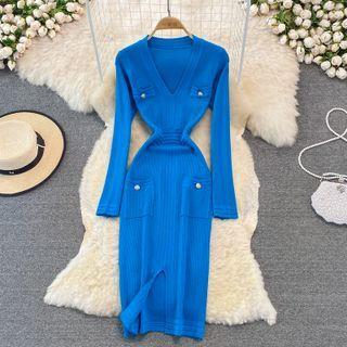 Long Sleeve V-neck Sheath Knit Dress