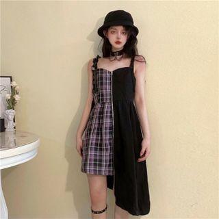 Spaghetti Strap Plaid Zip A-line Dress