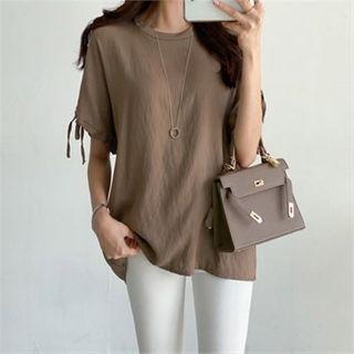 Drawstring-sleeve Linen Blend Blouse