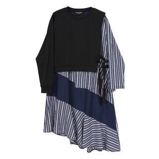 Striped Panel Long-sleeve Midi A-line Dress Black - One Size