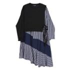 Striped Panel Long-sleeve Midi A-line Dress Black - One Size