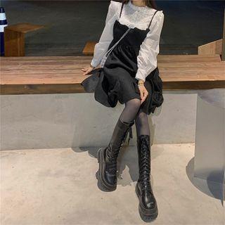Long-sleeve Ruffle Trim Blouse / Bow Strappy Mini Dress