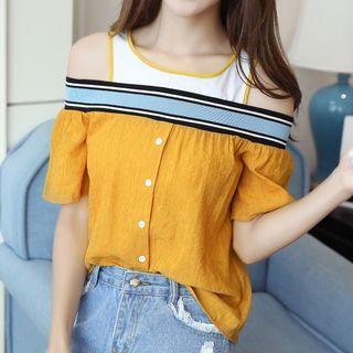 Mock Two-piece Open Shoulder Short-sleeve Chiffon Top