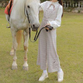 Letter Embroidered Bow Accent Shirt / Plaid Cropped Jumper Pants