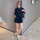 Set: Contrast Stitching Shirt + Wide Leg Shorts