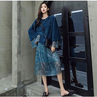 Mock Two-piece Long-sleeve Pleated Panel Midi Dress