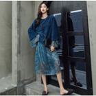 Mock Two-piece Long-sleeve Pleated Panel Midi Dress