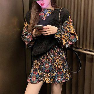 Floral Smocked Mini Dress / Knit Vest