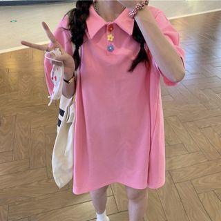 Elbow-sleeve Plain T-shirt Dress Pink - One Size