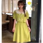 Mock Two Piece Puff-sleeve Double Breasted A-line Midi Dress