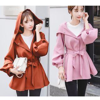 Hooded Balloon-sleeve Tie-waist Jacket