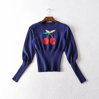 Puff-sleeve Cherry Embroidery Sweater