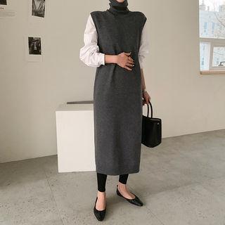 Mockneck Sleeveless Long Knit Dress & Sash Dark Gray - One Size