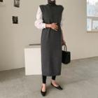 Mockneck Sleeveless Long Knit Dress & Sash Dark Gray - One Size