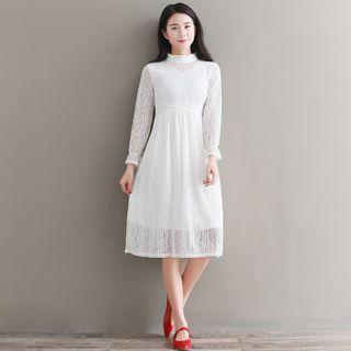 Mock Neck Long-sleeve Midi A-line Lace Dress