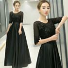 Elbow-sleeve Crystal Applique Evening Gown