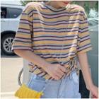 Elbow-sleeve Striped Knotted T-shirt Yellow - One Size
