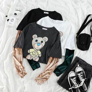 Print Crewneck Long-sleeve Velvet T-shirt